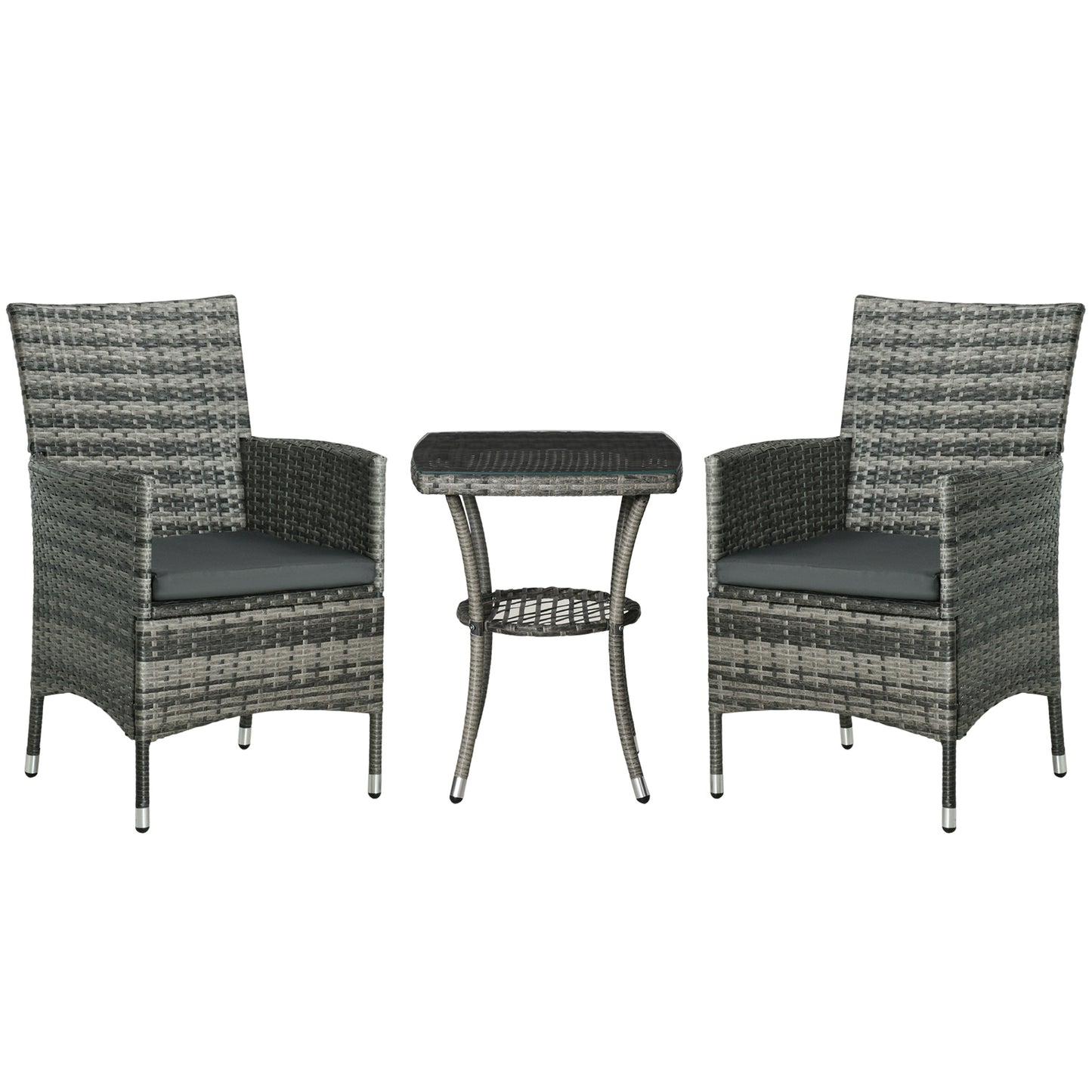 3 Pieces Rattan Bistro Set, Wicker Garden Furniture Set with 2-Tier Coffee Table and Chairs, Washable Cushions