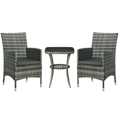 3 Pieces Rattan Bistro Set, Wicker Garden Furniture Set with 2-Tier Coffee Table and Chairs, Washable Cushions