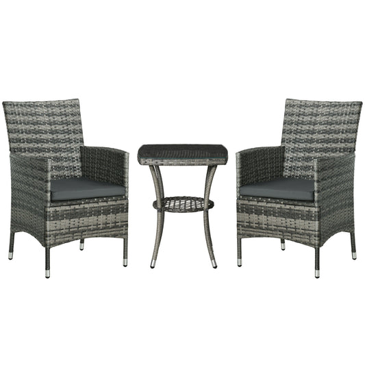 3 Pieces Rattan Bistro Set, Wicker Garden Furniture Set with 2-Tier Coffee Table and Chairs, Washable Cushions