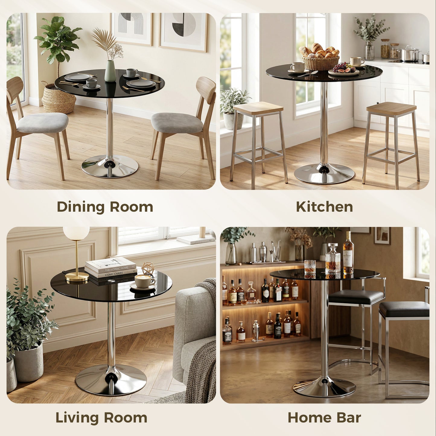 Round Bar Table, Modern Dining Table with Tempered Glass Top and Steel Frame for 4, 80 x 80 x 77cm, Black