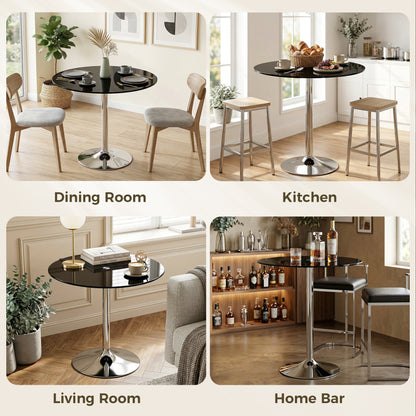 Round Bar Table, Modern Dining Table with Tempered Glass Top and Steel Frame for 4, 80 x 80 x 77cm, Black