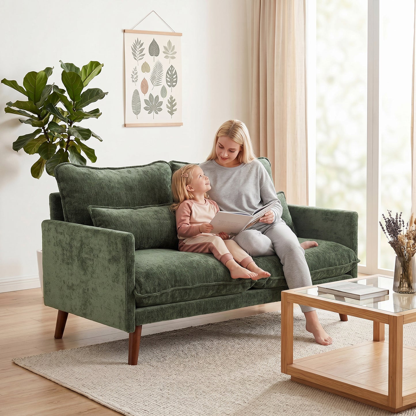 2 Seater Sofa, Loveseat Sofa with Spring Cushions, Wide and Deep Seat, Wood Legs, Green