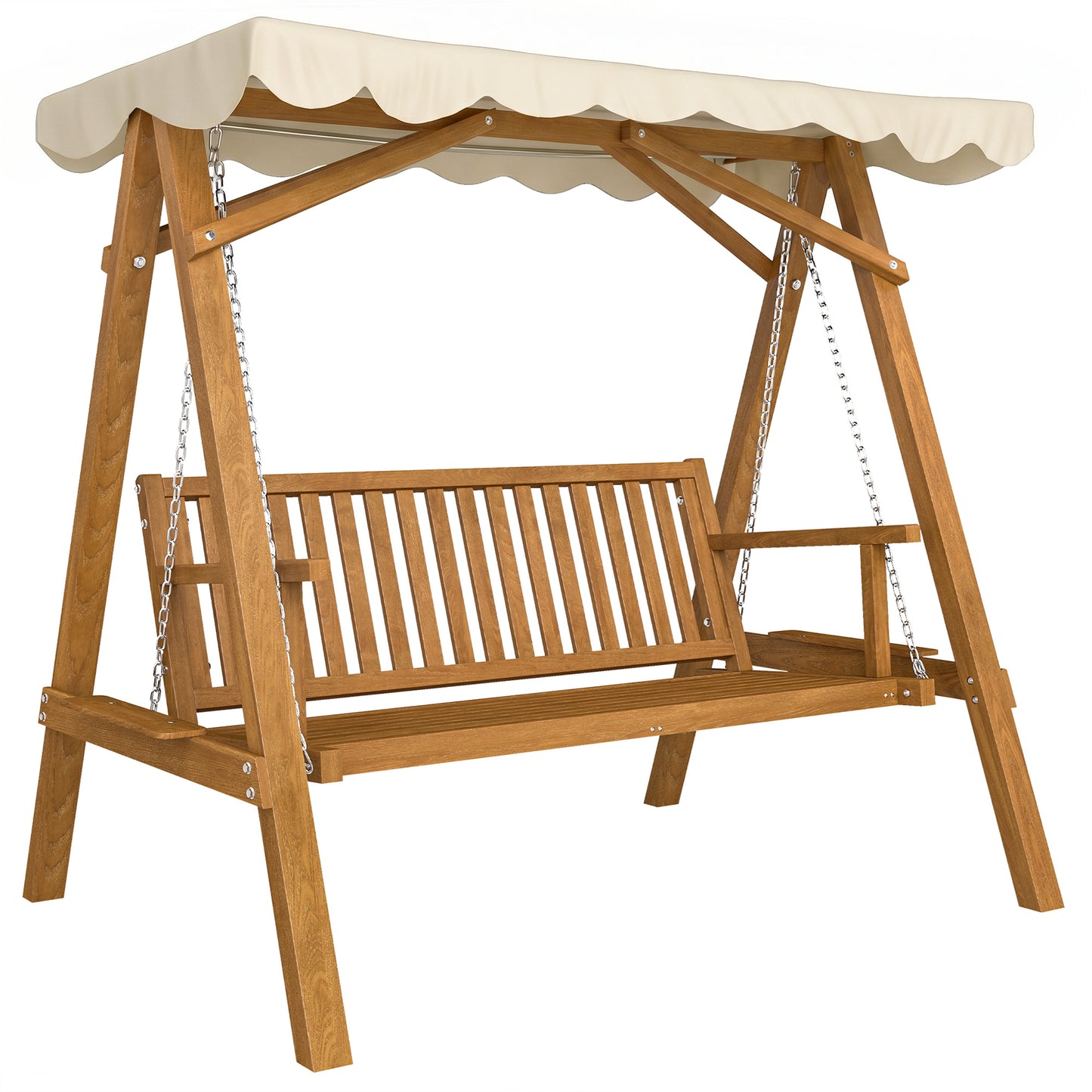2 Seater Garden Swing Seat with Canopy, Wooden Swing Chair, Outdoor Hammock Bench for Balcony Patio Porch, Cream White