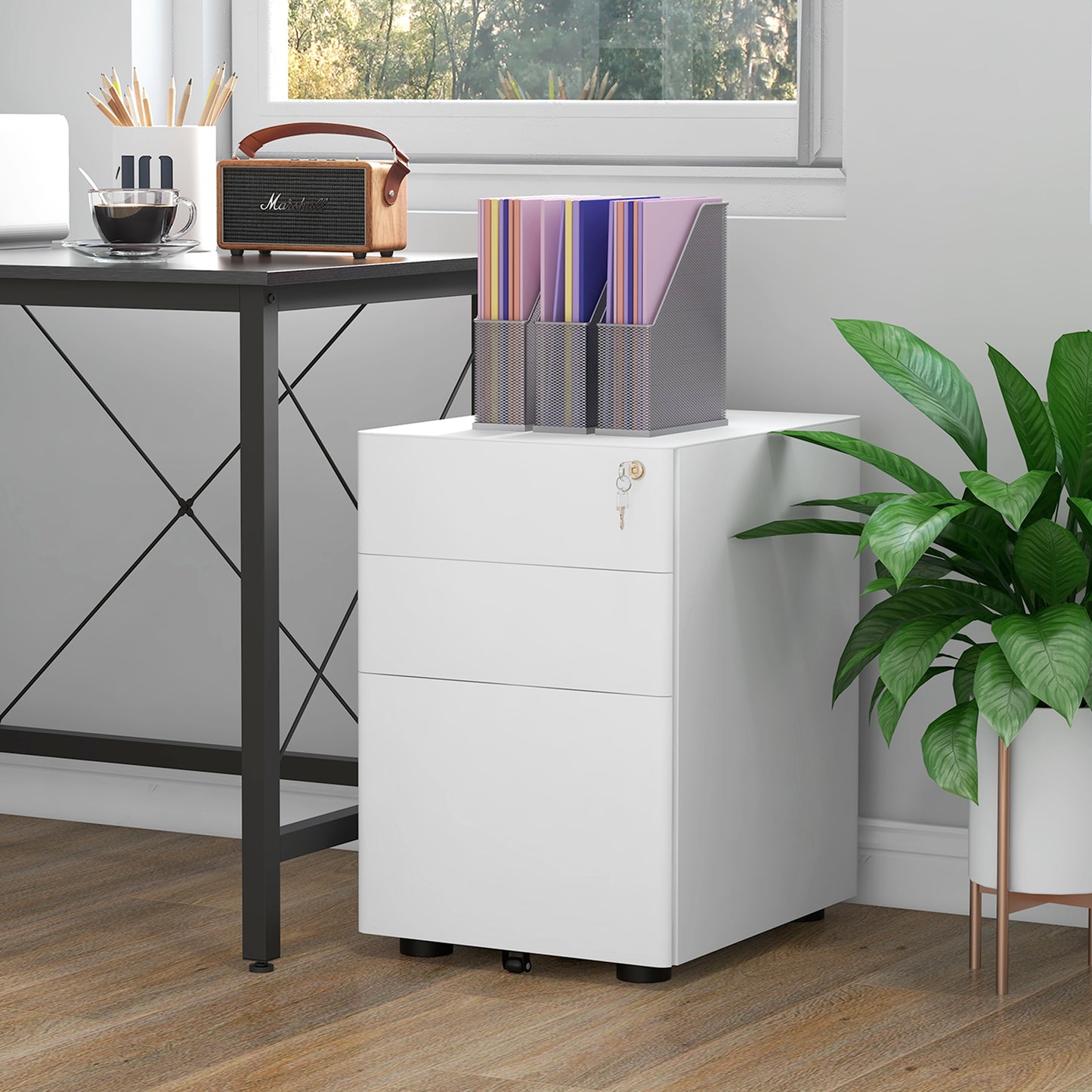 Lockable Cabinet, Rolling Filing Cabinet with 3 Drawers, Steel Office Drawer Unit for A4, Letter, Legal Sized Files