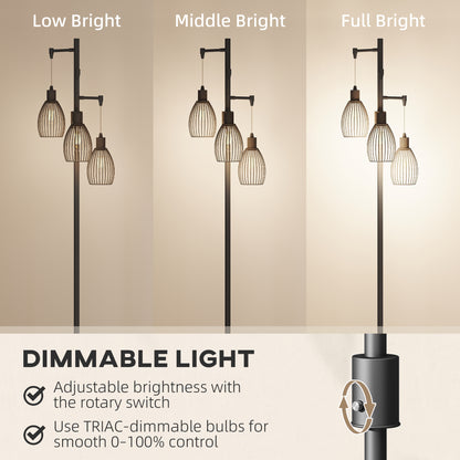 3-Light LED Floor Lamp, 170cm Industrial Dimmable Standing Lamp with Steel Wire Cage Lampshades, 2700K for Living Room