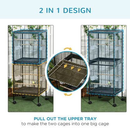 Bird Cage Budgie Cage 2 In 1 Large Aviary with Wheels Removable Trays for Finch Canaries Cockatiels Black