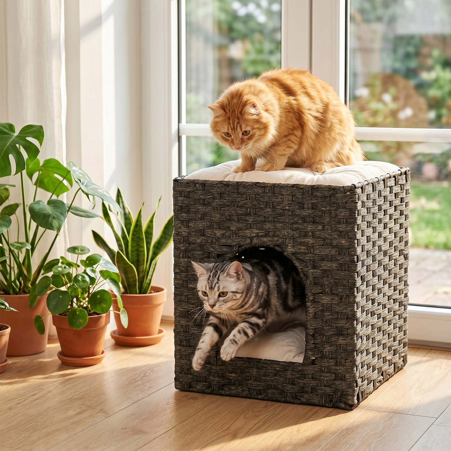 2-Tier Wicker Cat House, Handwoven Rattan Cat Bed with Washable Cushions, Indoor Kitten Condo Hideaway