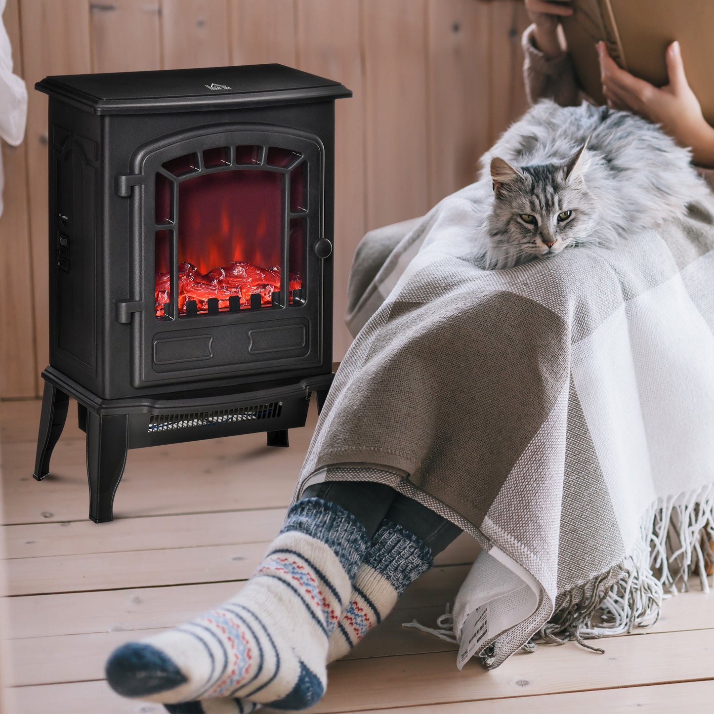 Free standing Electric Fireplace Stove, Fireplace Heater with Realistic Flame Effect, Overheat Safety Protection