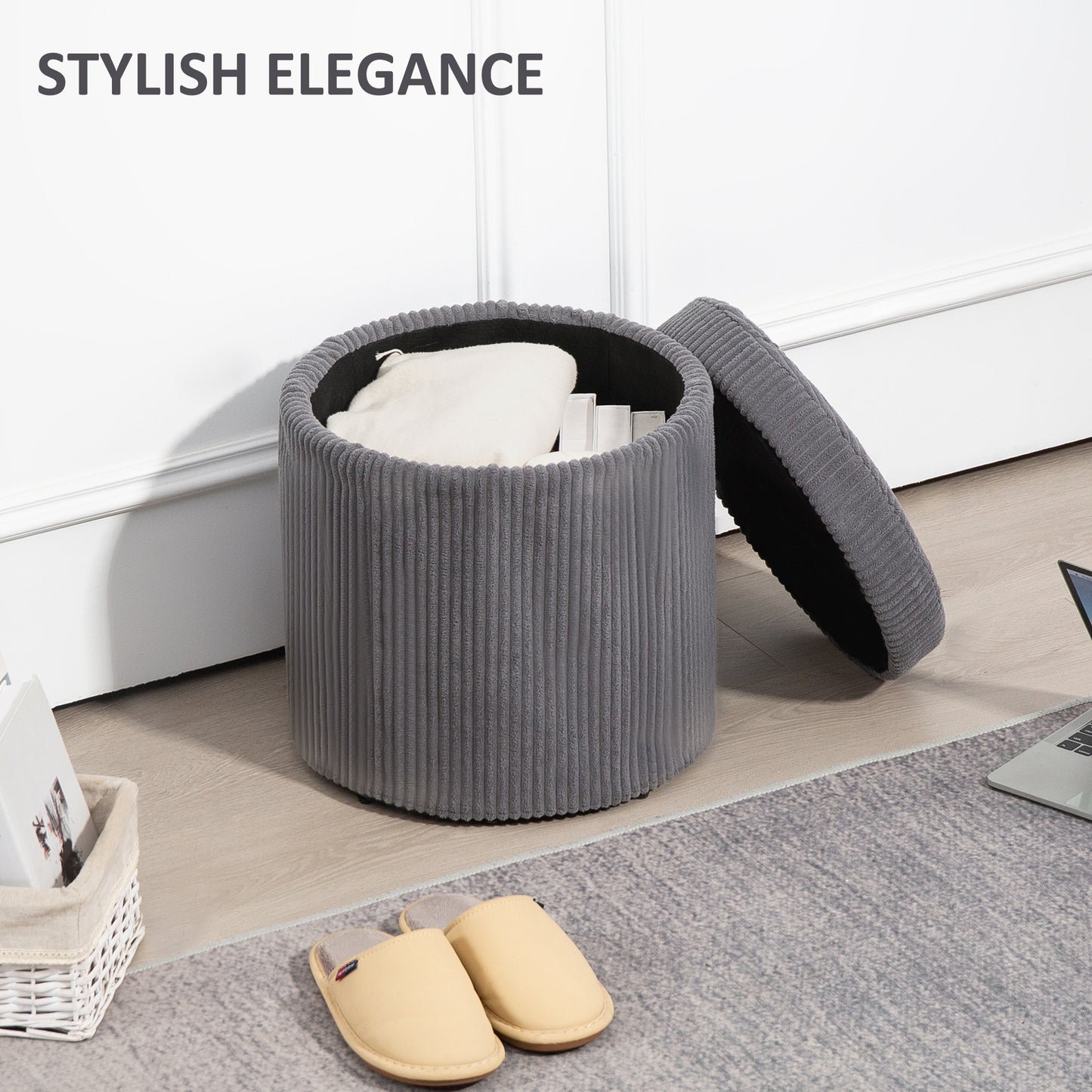 40cm Round Storage Ottoman, Corduroy Footstool with Removable Lid and Legs, Vanity Stool for Living Room, Bedroom, Grey