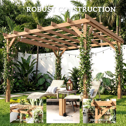 3 x 3 m Wooden Pergola Kit, Decorative Garden Gazebo Shelter with Stable Structure for Climbing Vines, Dark Brown