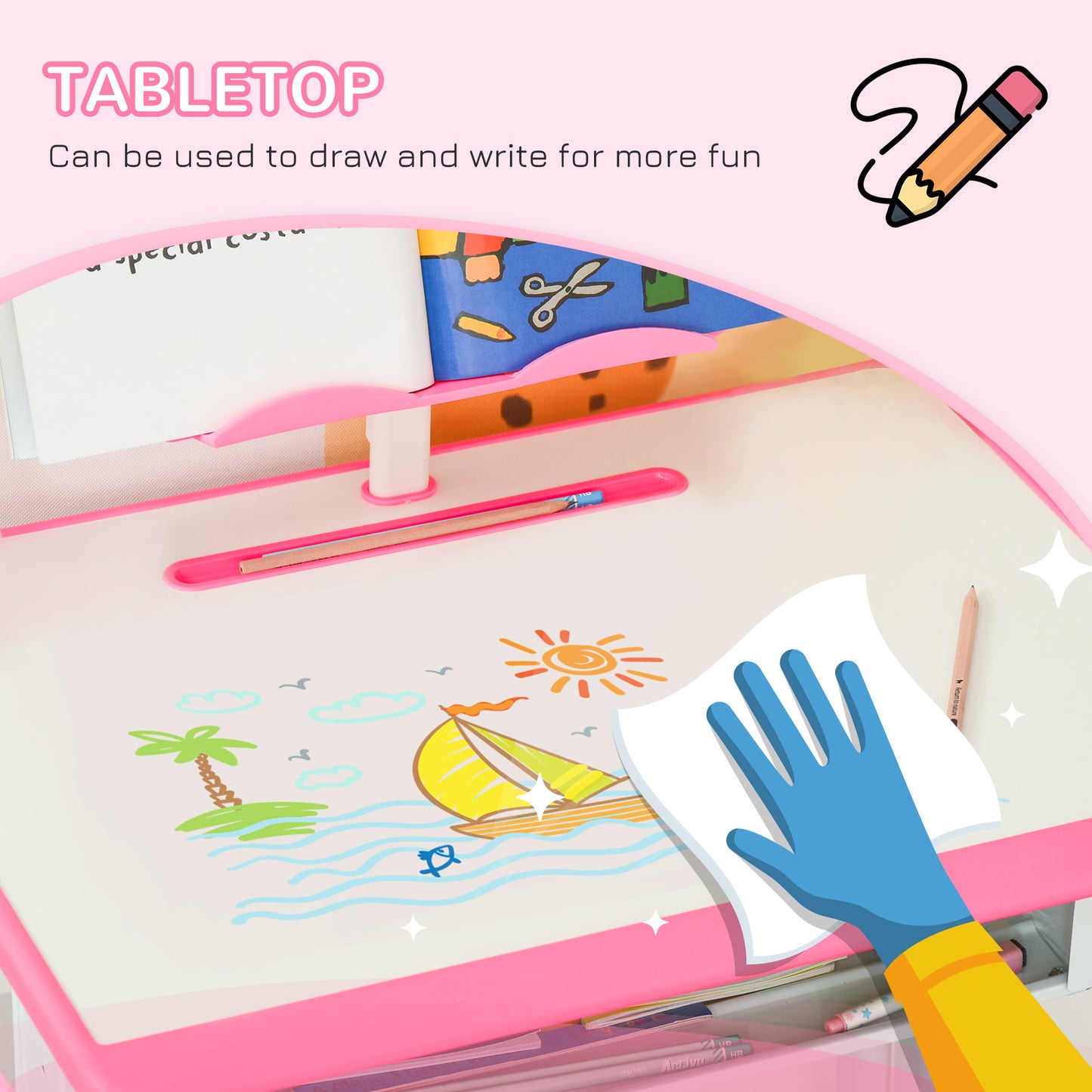 Kids Adjustable Desk and Chair Set, Book Stand, Pen Slot - Pink