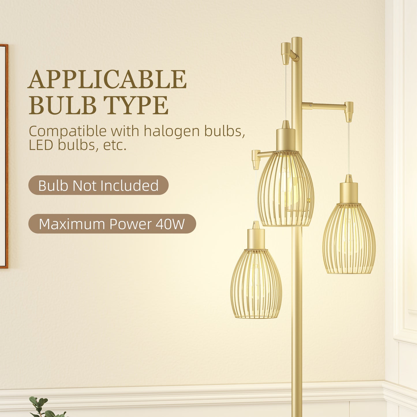 3-Light Floor Lamp, 170cm Industrial Dimmable Standing Lamp with Steel Wire Cage Lampshades for Living Room, Bedroom