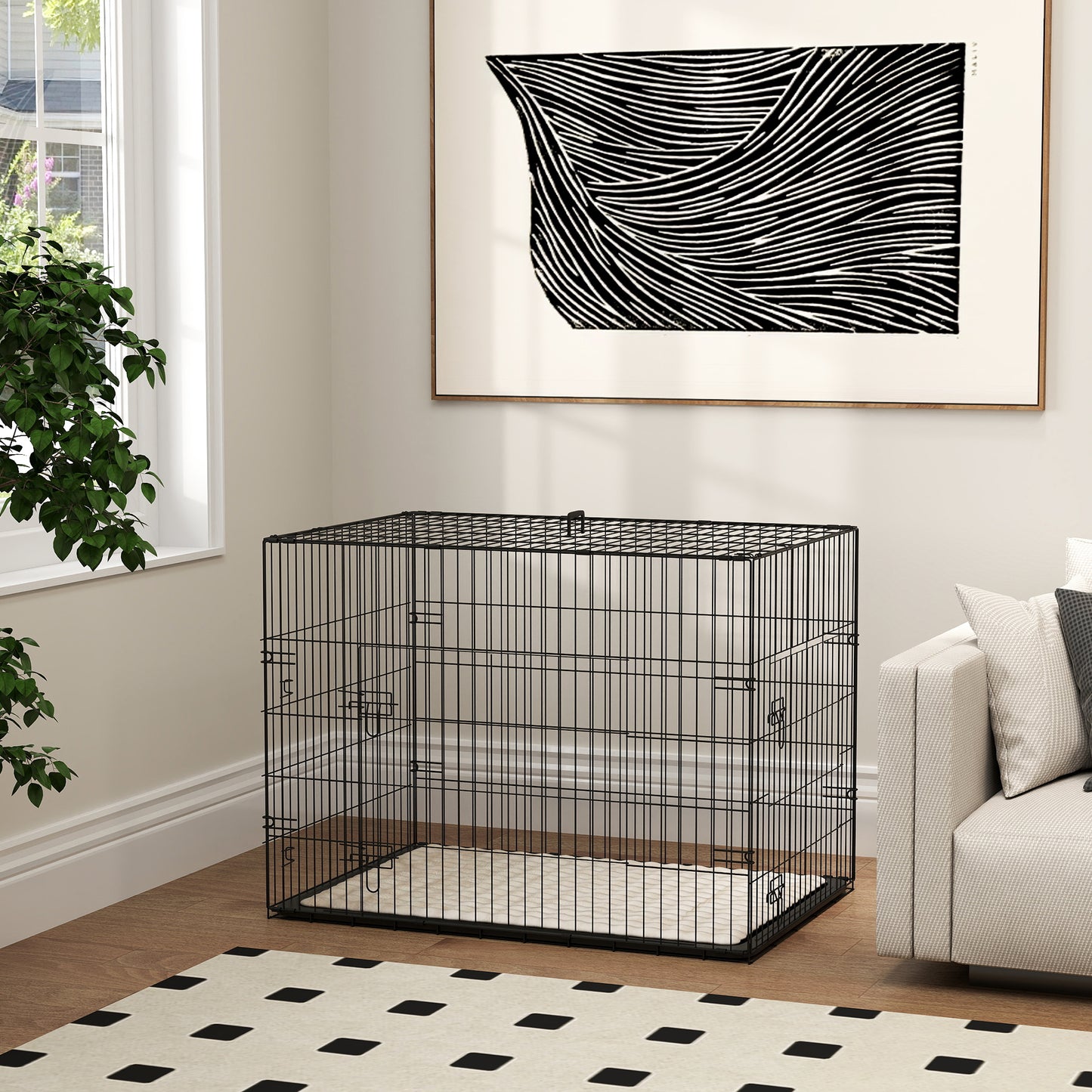 Foldable Dog Crate with 2 Doors with Tray, Soft Cushion, for Large Medium Dogs, 90 x 58 x 62, Black