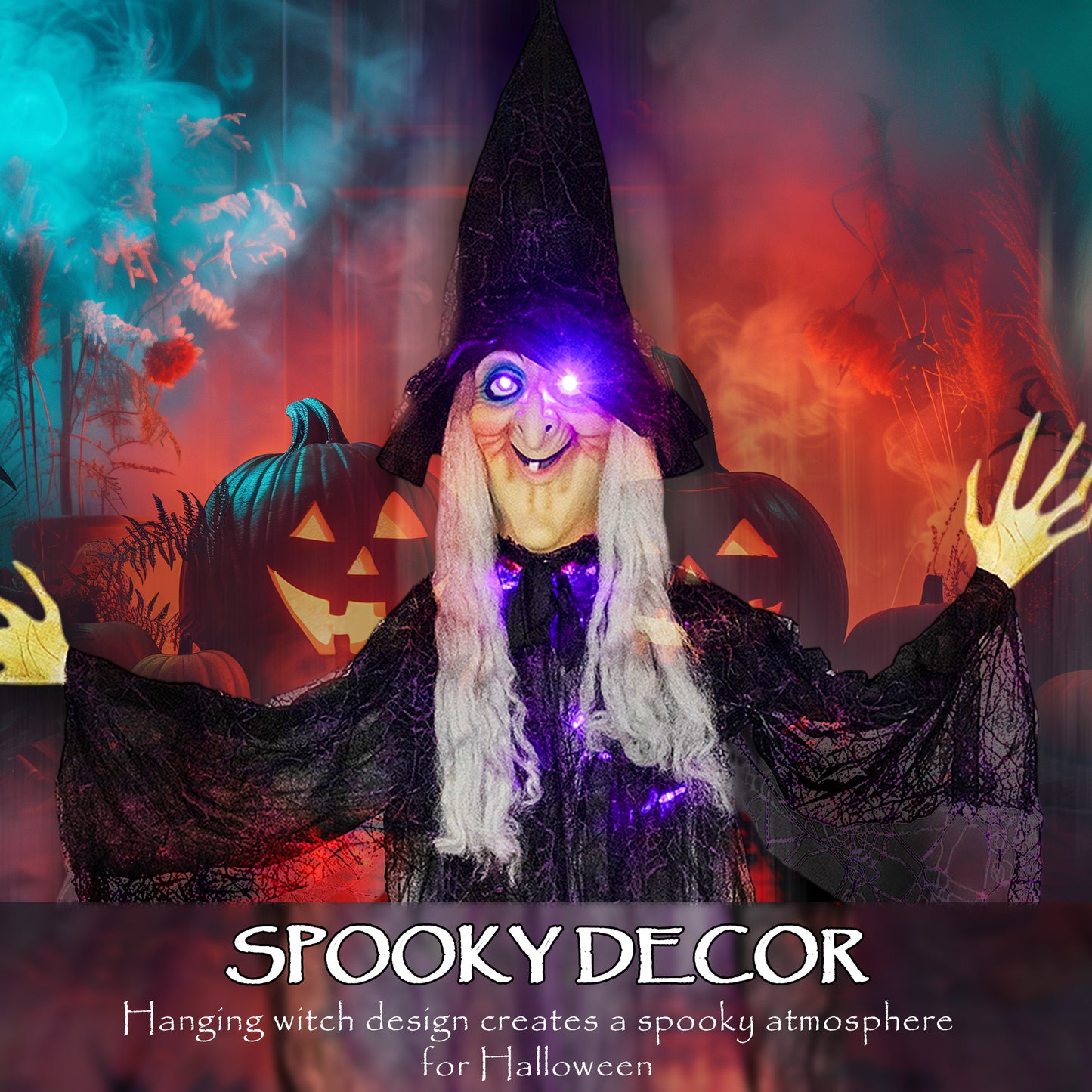 183 cm Life Size Halloween Animated Hanging Witch with Glowing LED Eyes & Body, Spooky Witch Scary Halloween Decorations