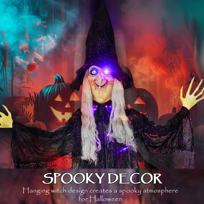 183 cm Life Size Halloween Animated Hanging Witch with Glowing LED Eyes & Body, Spooky Witch Scary Halloween Decorations