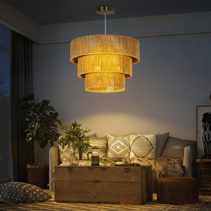 Hemp Rope Ceiling Light, 3-Layer Boho Pendant Light, 4 x E14 Vintage Ceiling Lamp Fixtures for Living Room, Bedroom, Kitchen