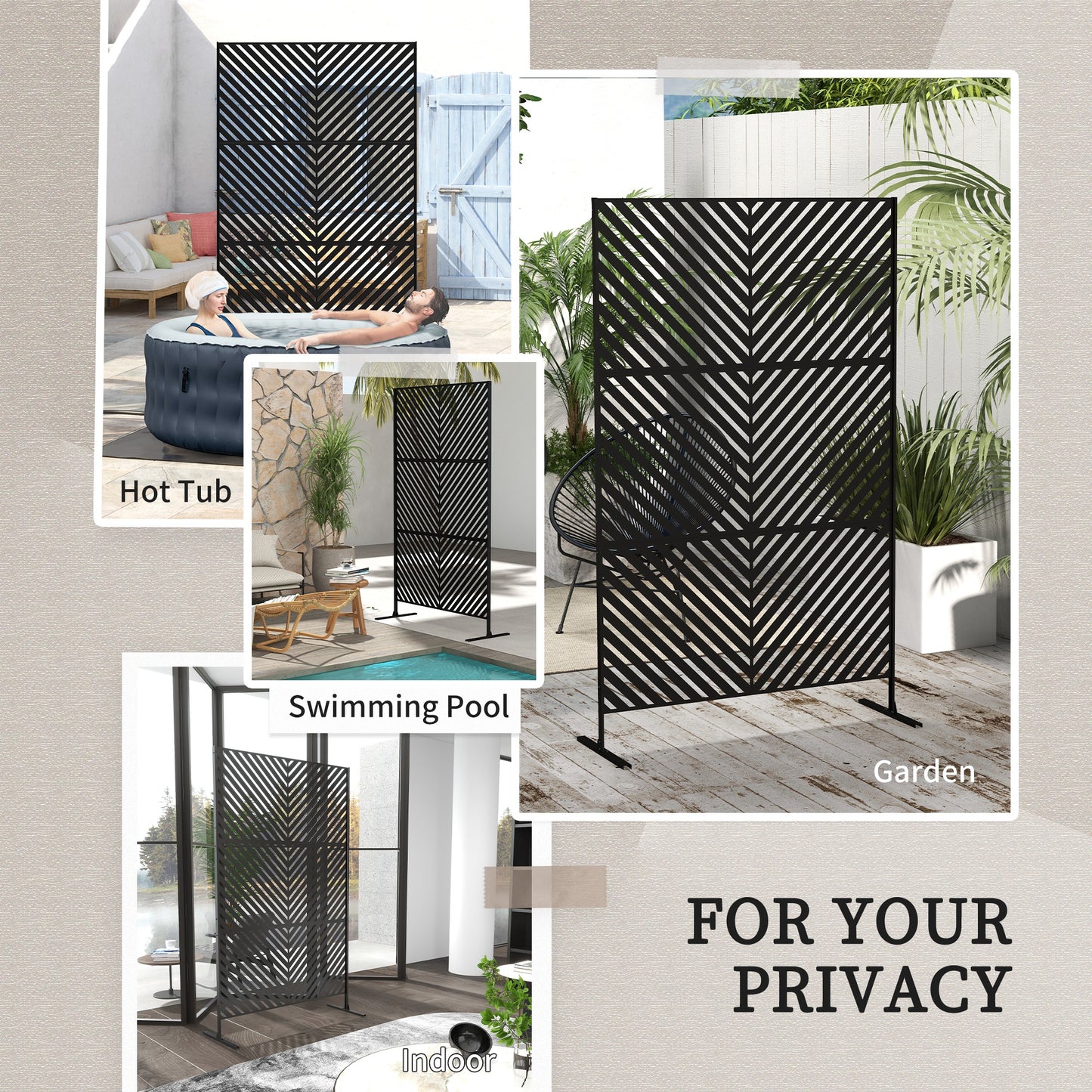 6.5FT Decorative Outdoor Divider, Metal Privacy Screen with Stand, Triangle Style, Black