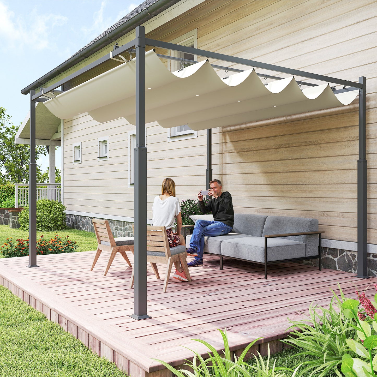 3 x 3(m) Metal Pergola with Retractable Roof and Magnetic Fixture, Outdoor Gazebo Garden Pergola Kit Sun Shade Canopy
