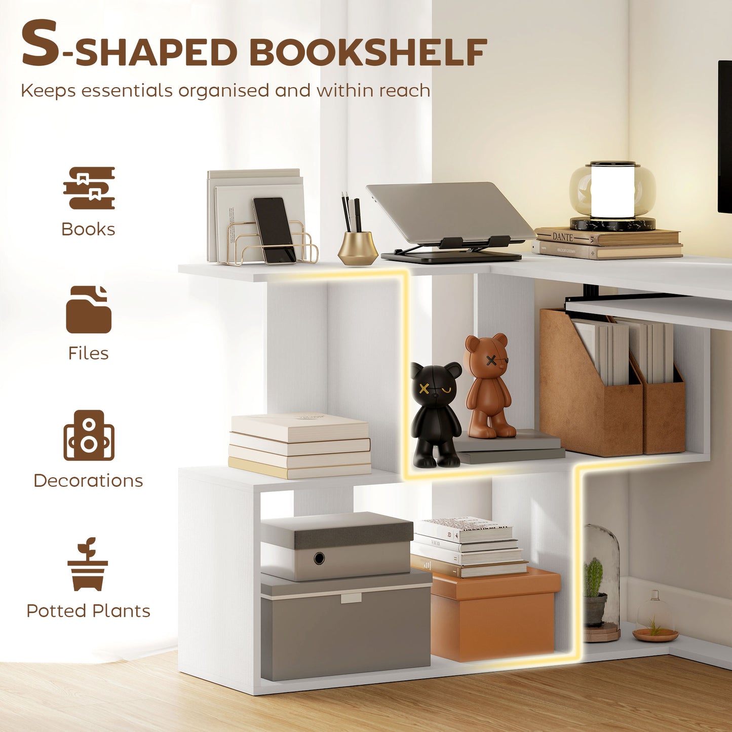 L-Shaped Corner Desk, Computer Desk with Keyboard Tray and Open Shelves, White Wood Effect