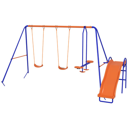 Four-In-One Metal Garden Swing Set, with Double Swings, Glider, Slider, Ladder - Orange and Blue