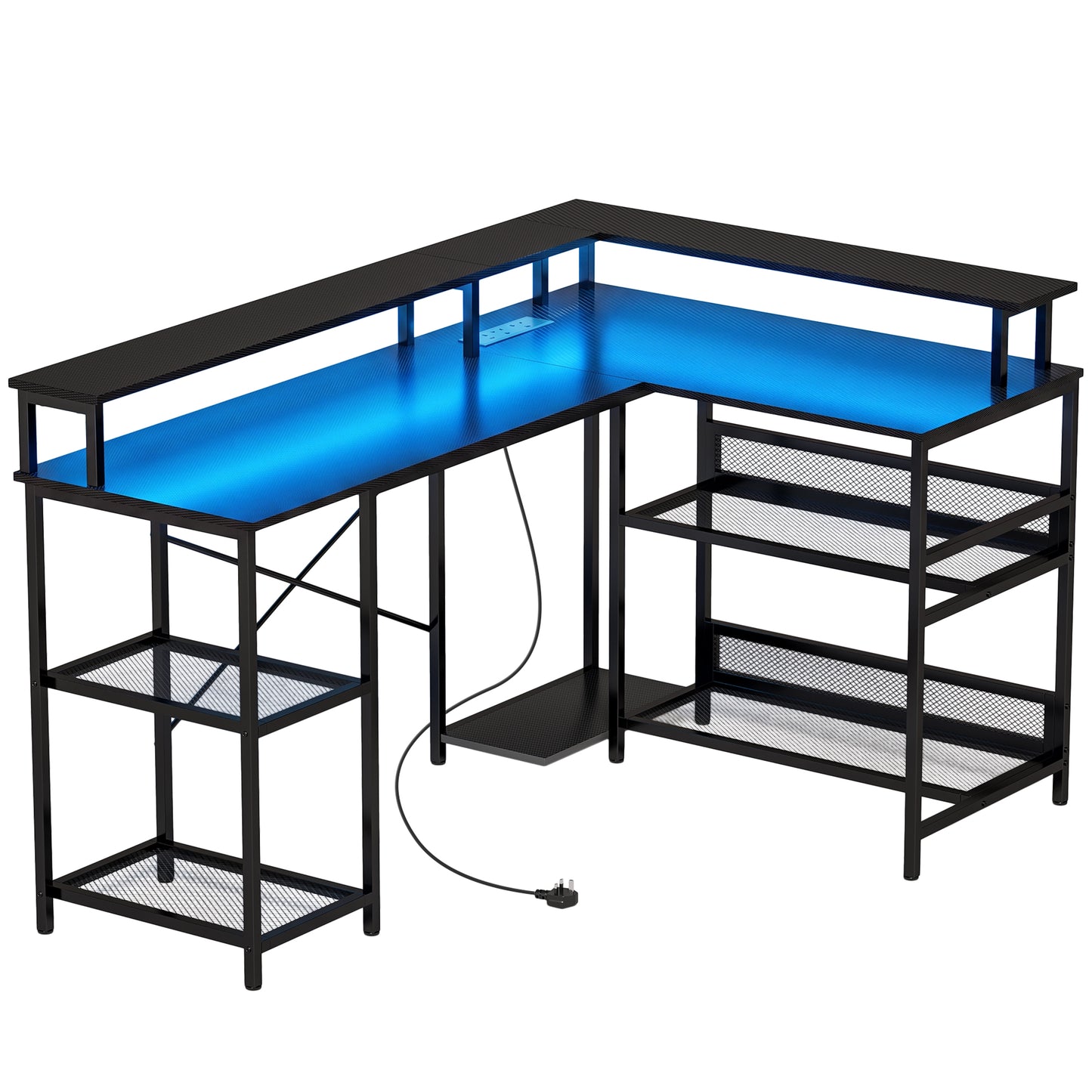 L Shaped Gaming Desk with LED Lights and Power Outlets, 150cm Corner Computer Desk for Small Space, Black