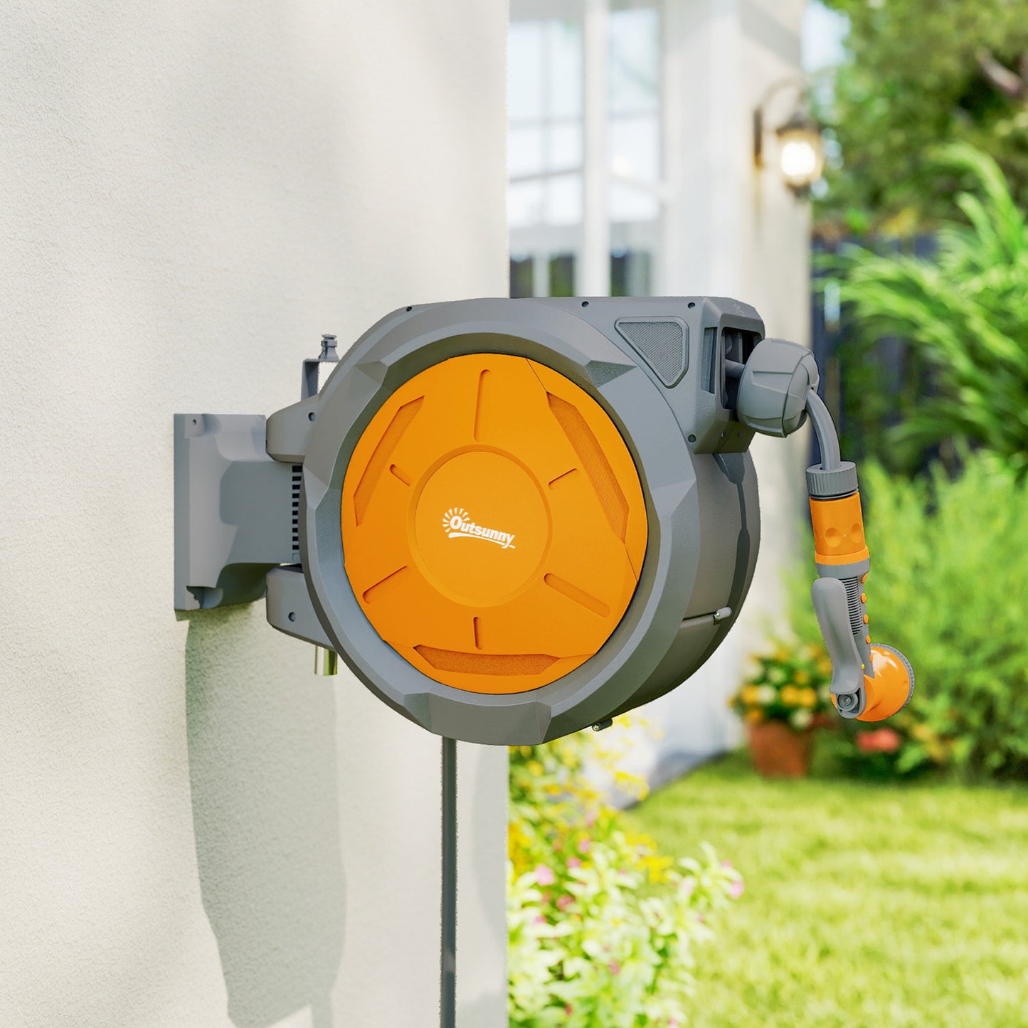 Retractable Hose Reel Wall Mounted, 30+2m Garden Hose Pipe Reel with Lock, Auto Rewind, 7 in 1 Spray Nozzle