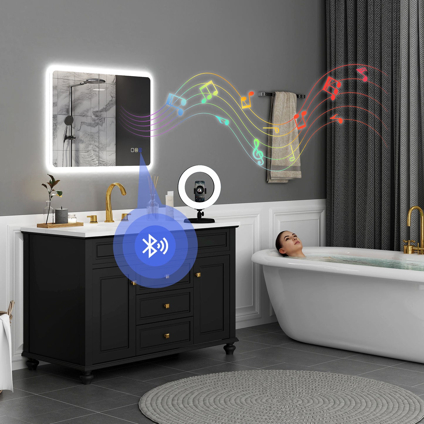 80 x 60cm LED Bathroom Mirror, with Bluetooth - Silver Tone