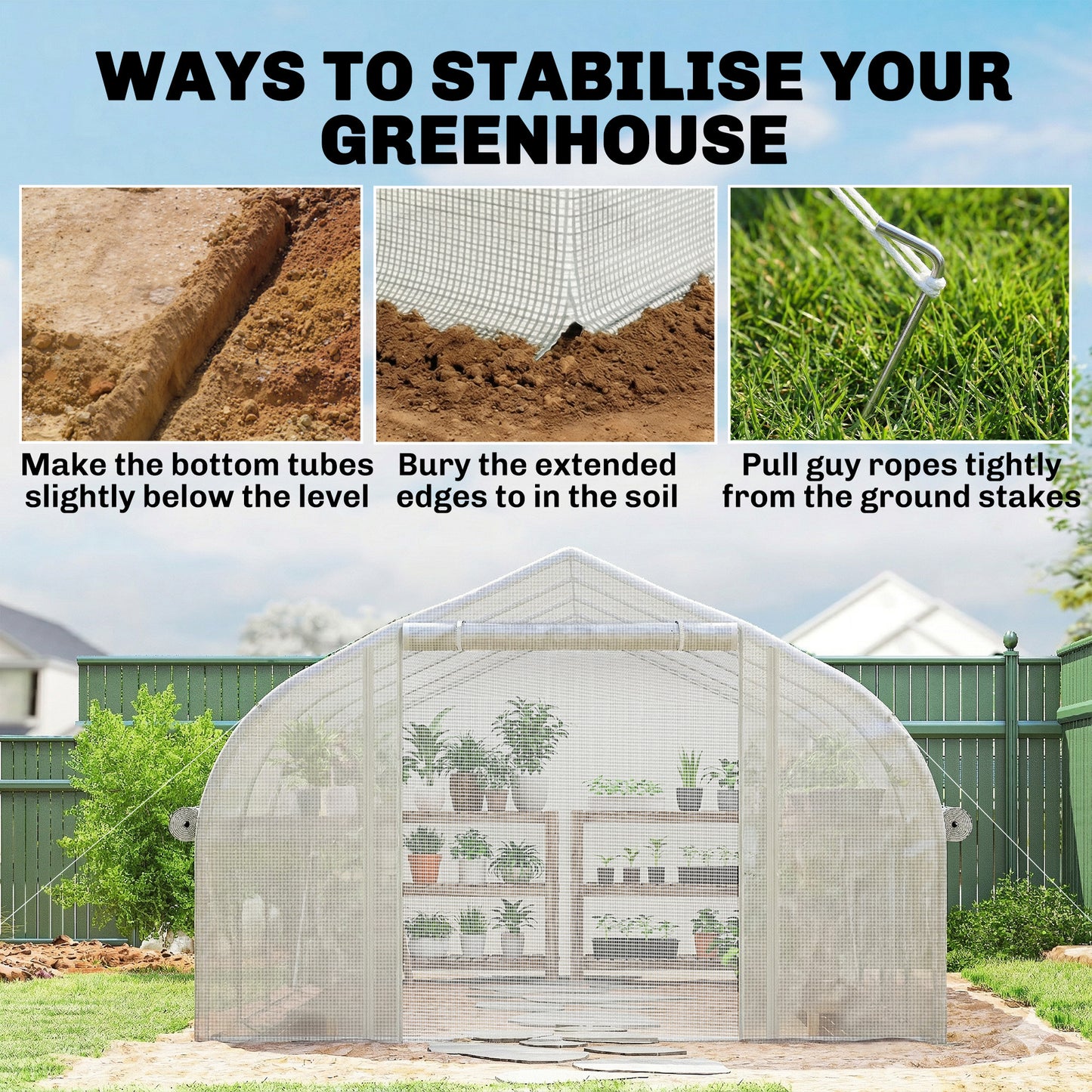 4 x 3(m) Walk-in Polytunnel Greenhouse, Zipped Roll Up Sidewalls, Mesh Door, 8 Mesh Windows, Tunnel Warm House Tent