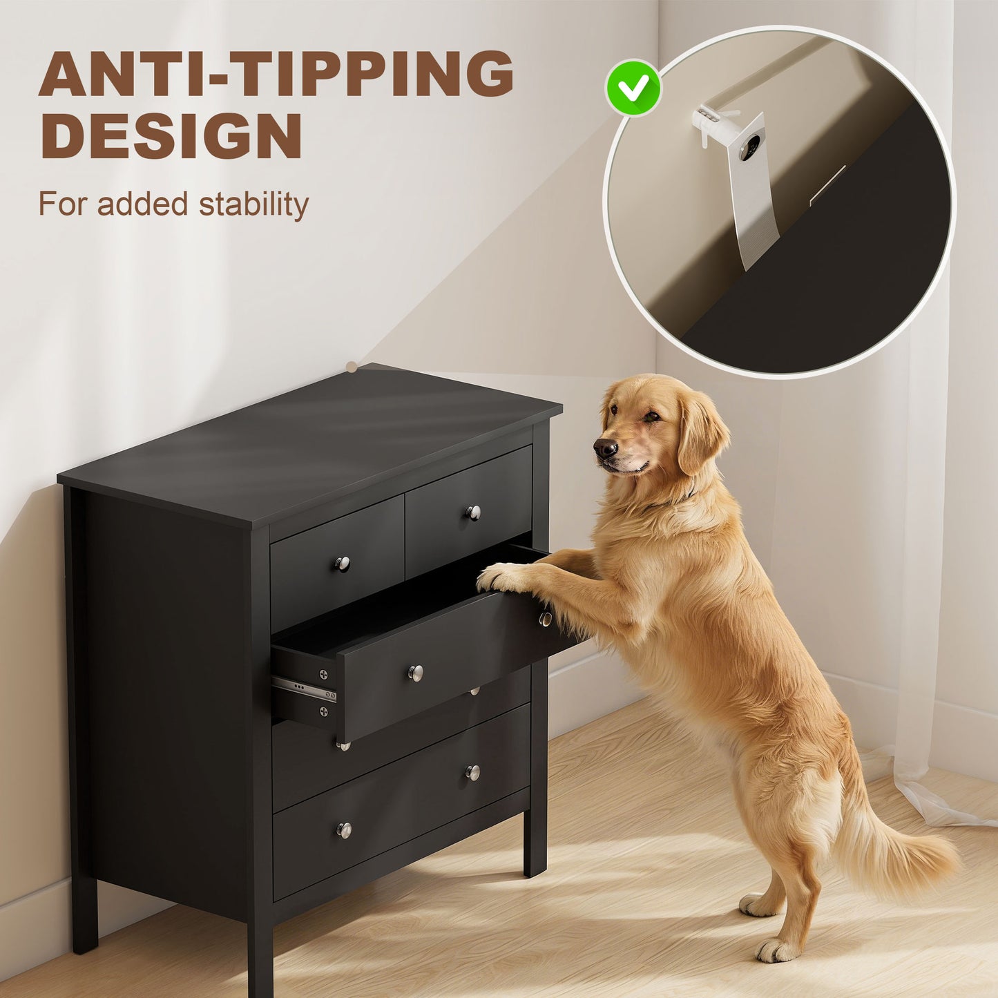 5 Drawer Dresser for Bedroom, Modern Chest of Drawers, Wide Storage Unit for Living Room, Hallway, Black