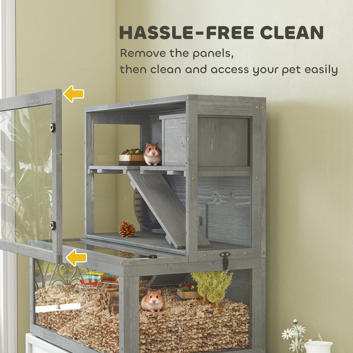 Wooden Hamster Cage with Hut, Wheel, Ramps, Removable Viewing Panels, 80 x 50 x 84 cm, Grey