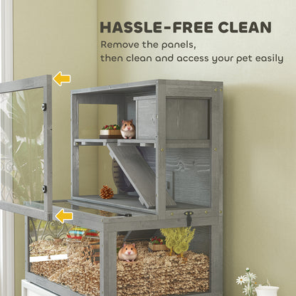 Wooden Hamster Cage with Hut, Wheel, Ramps, Removable Viewing Panels, 80 x 50 x 84 cm, Grey