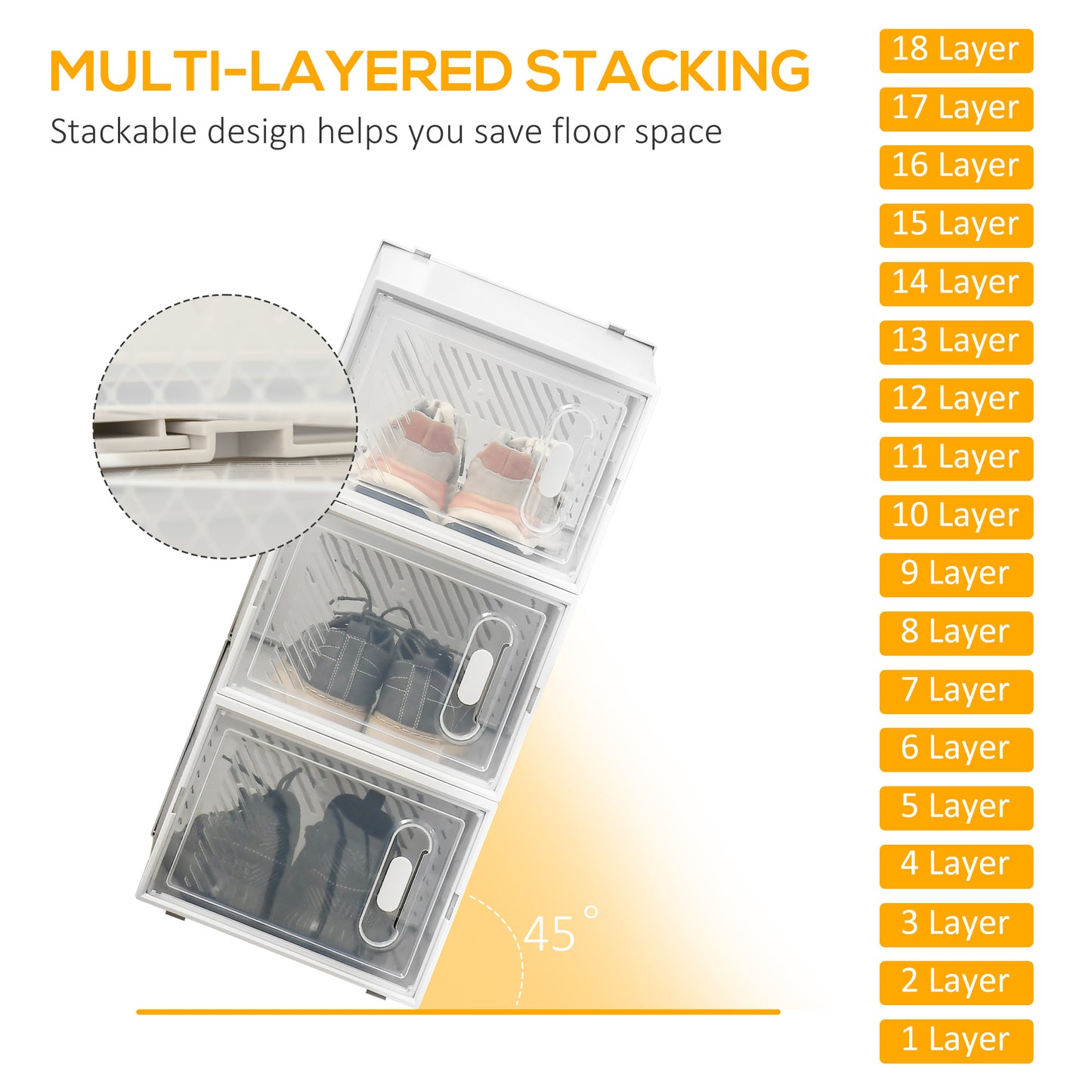 18PCS Clear Shoe Box, Plastic Stackable Shoe Storage Box for UK/EU Size up to 12/46 with Magnetic Door for Women/Men