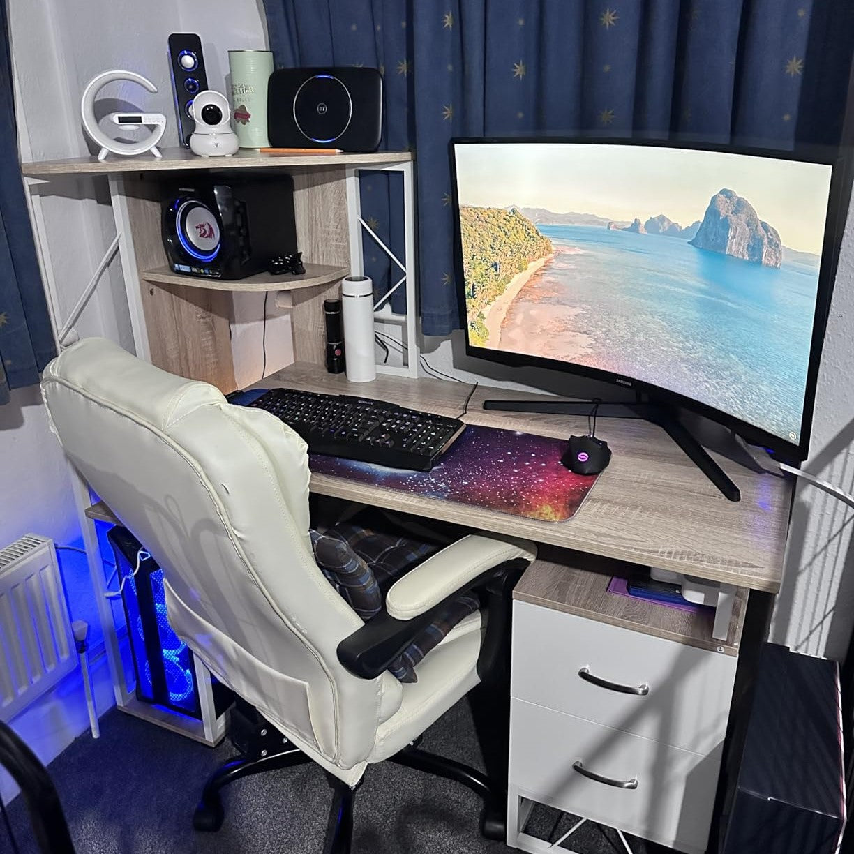 Computer Desk with Drawers and Bookshelf, Writing Desk for Home Office with Storage Shelves, Study Workstation, Oak