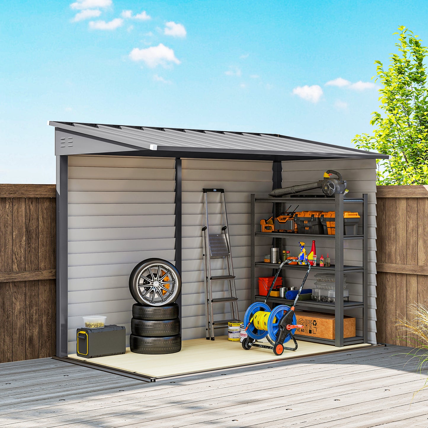 5 x 9ft Galvanised Metal Garden Shed with Foundation Kit, Outdoor Lean-to Shed, Tool Storage House for Garden, Grey