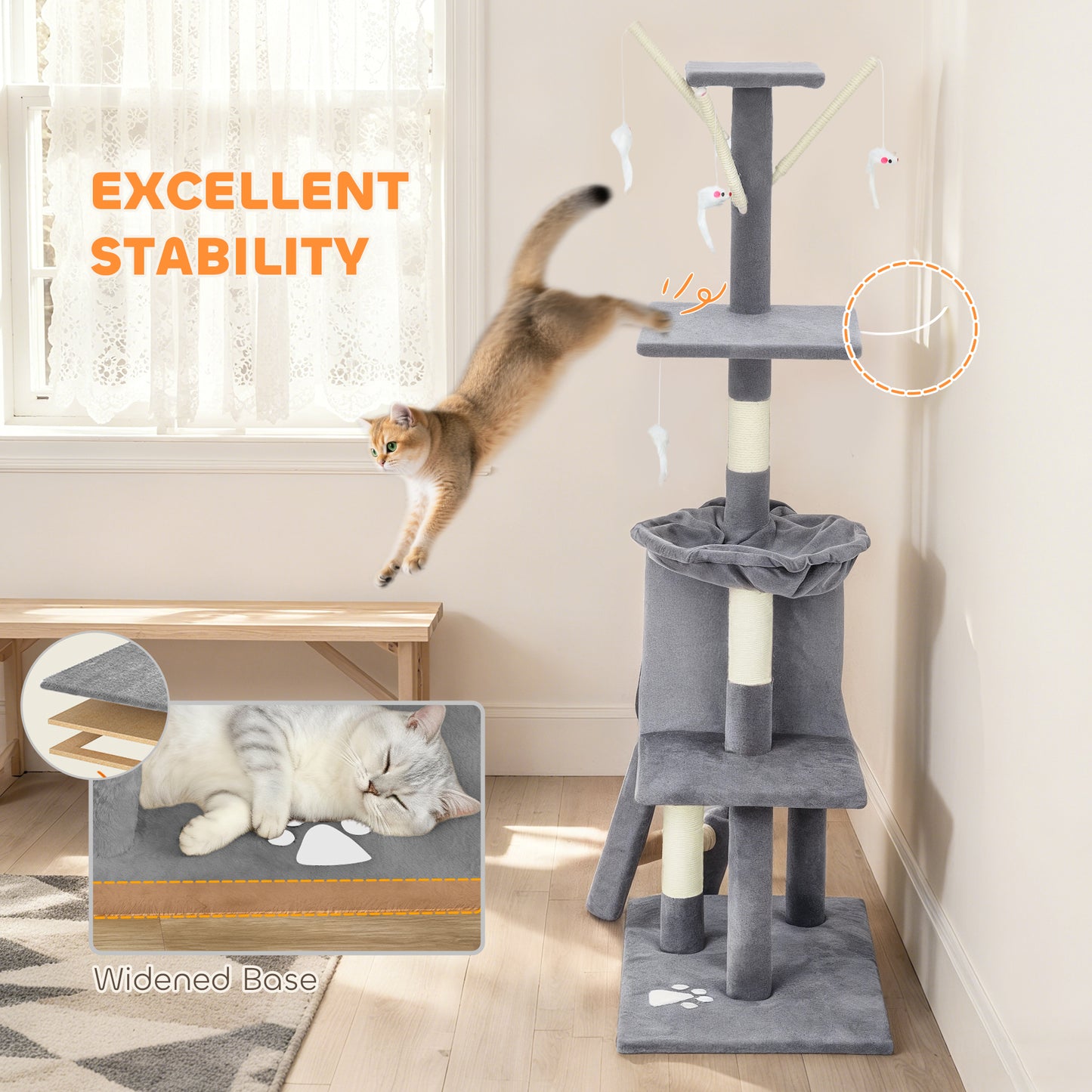 Multi-Level Cat Tower, 134cm Cat Tree with Condo and Sisal Scratching Posts for Indoor Kittens, Grey