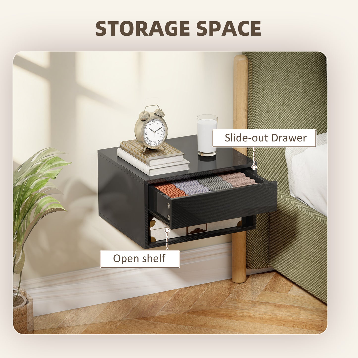 Floating Bedside Tables Set of 2, Wall Mounted Nightstand, High Gloss Black