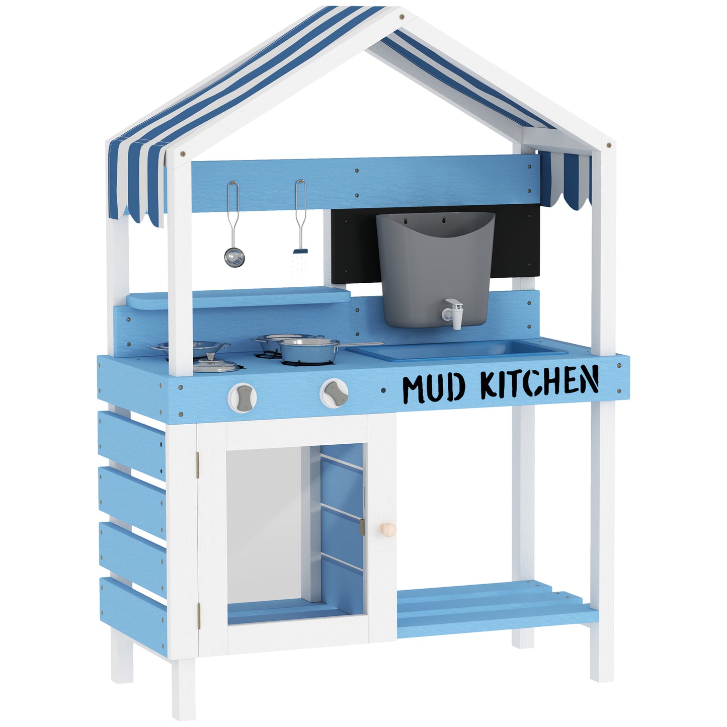Kids Mud Kitchen Outdoor with Stoves, Sink, Faucet, Storage Shelves, Cookware Accessories for Boys Girls, Blue