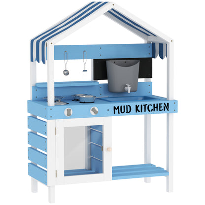 Kids Mud Kitchen Outdoor with Stoves, Sink, Faucet, Storage Shelves, Cookware Accessories for Boys Girls, Blue