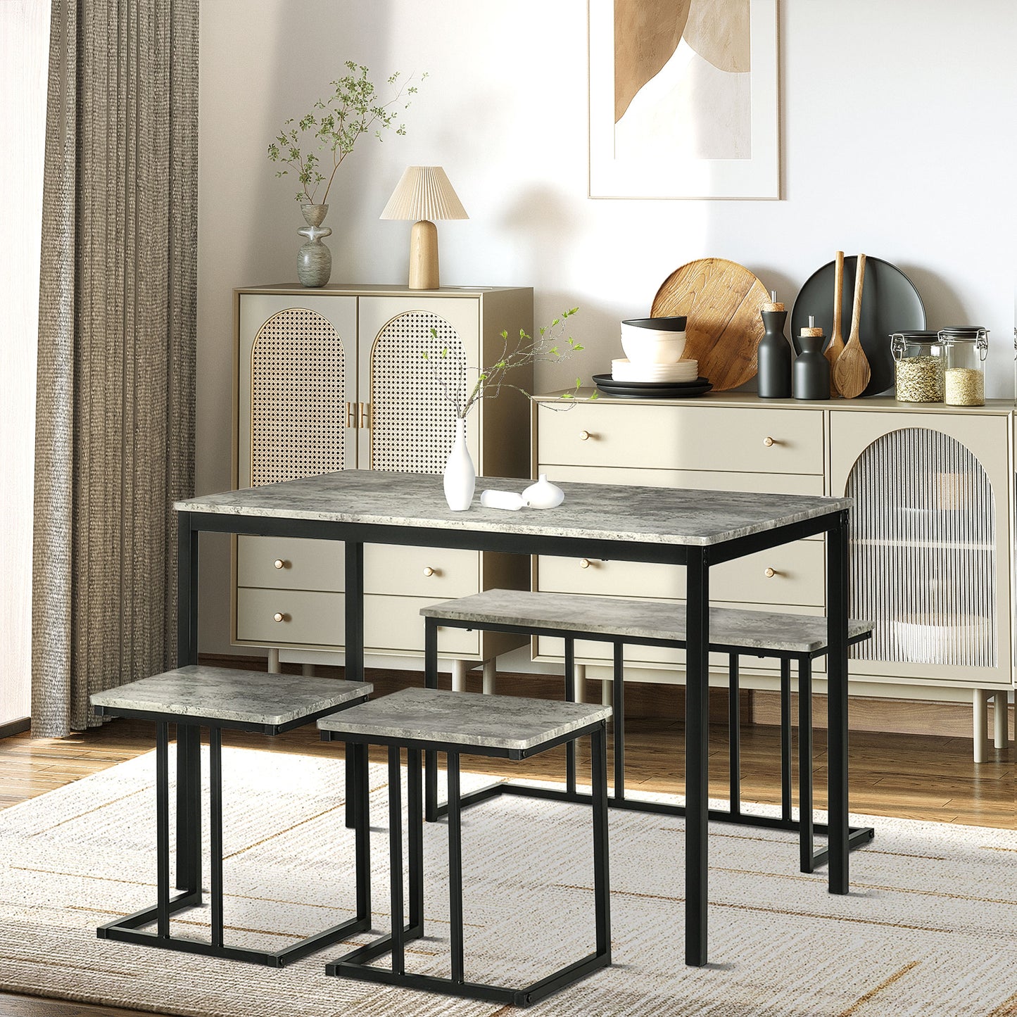 Dining Table and Chairs Set for 4 People, Concrete Effect Kitchen Table and Bench Set with Steel Frame