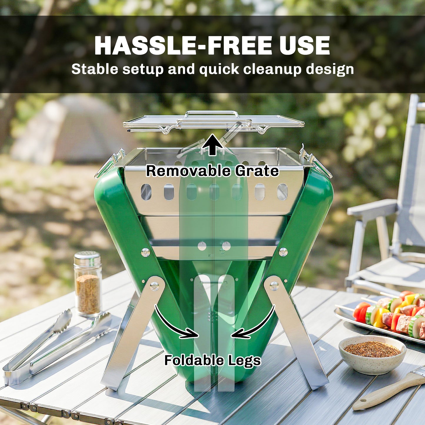Charcoal BBQ Grill Portable Stainless Steel Barbecue with Tilting Grate for Camping Picnic Garden Dark Green