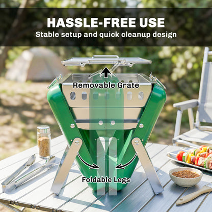 Charcoal BBQ Grill Portable Stainless Steel Barbecue with Tilting Grate for Camping Picnic Garden Dark Green