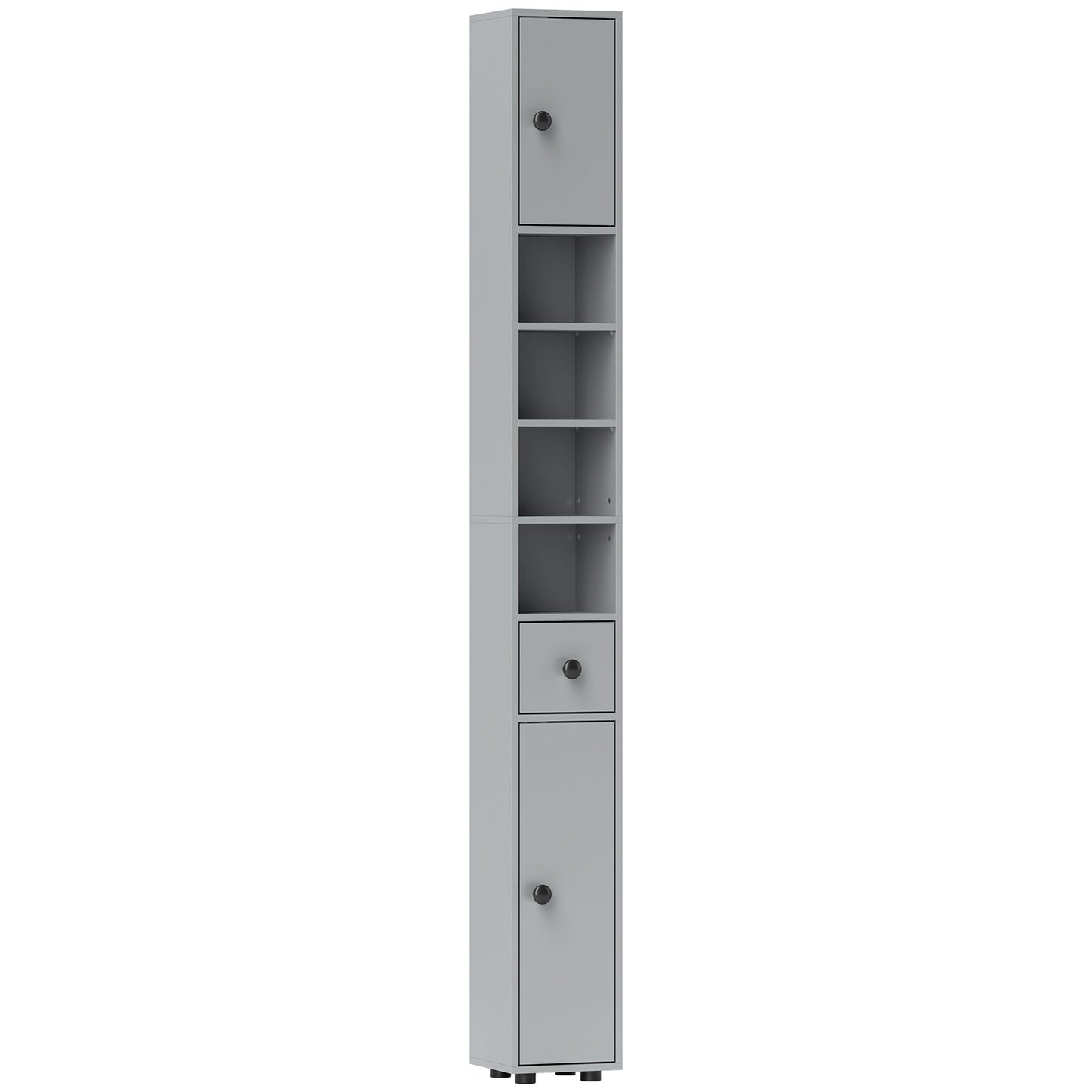 180cm Slim Bathroom Cabinet, with Drawer, Shelves and Cupboards - Grey