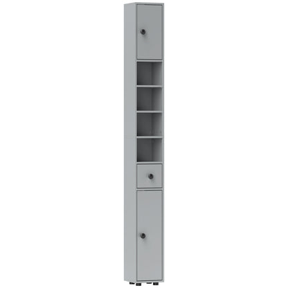 180cm Slim Bathroom Cabinet, with Drawer, Shelves and Cupboards - Grey