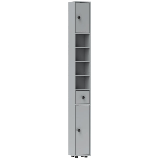 180cm Slim Bathroom Cabinet, with Drawer, Shelves and Cupboards - Grey