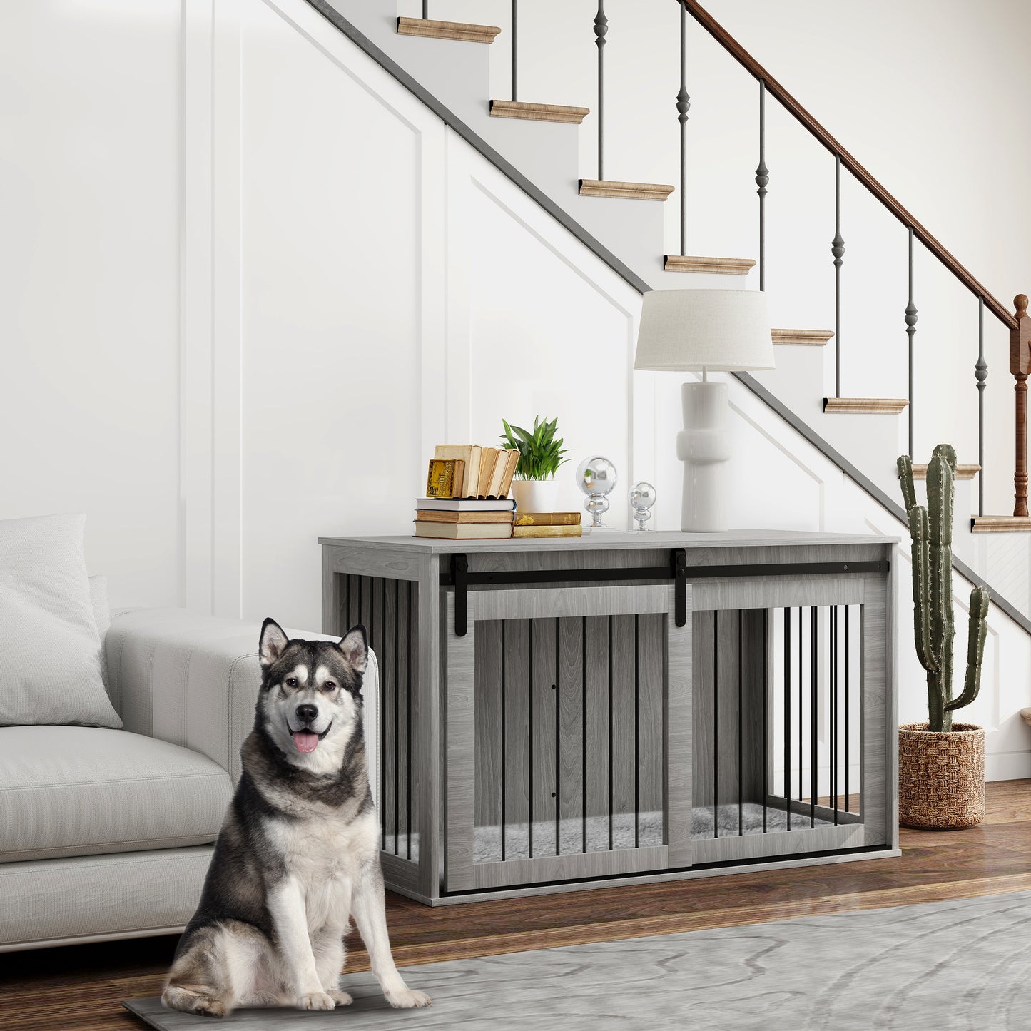 46.46'' Dog Crate Furniture with Removable Cushion & Security Latch for Extra Large Dogs - Grey
