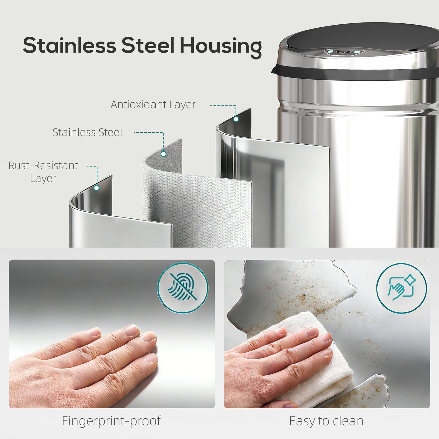 50L Stainless Steel Sensor Bin - Silver Tone