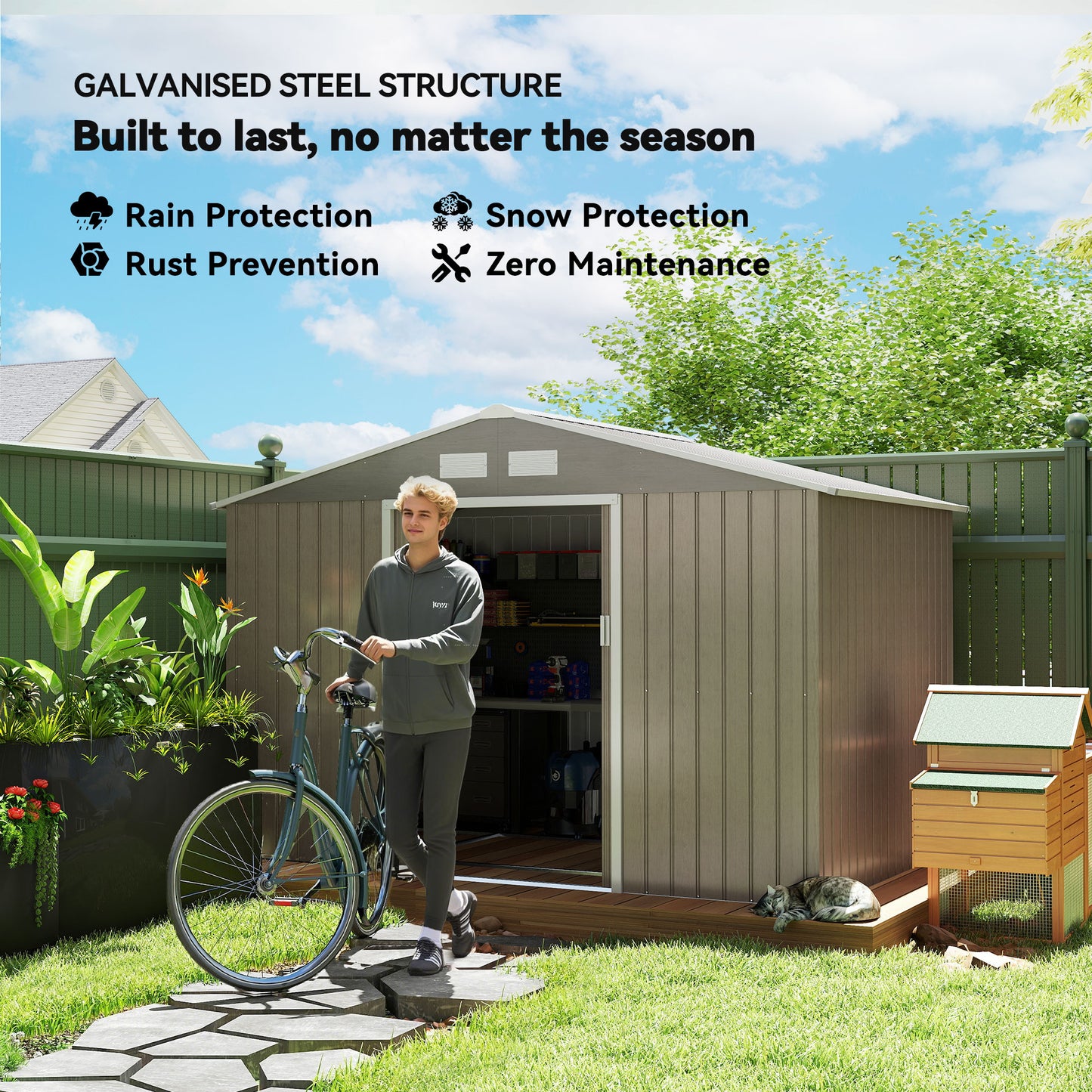 9 x 6ft Steel Garden Shed, Outdoor Storage Tool House with Vents, Foundation and Lockable Double Doors, Brown