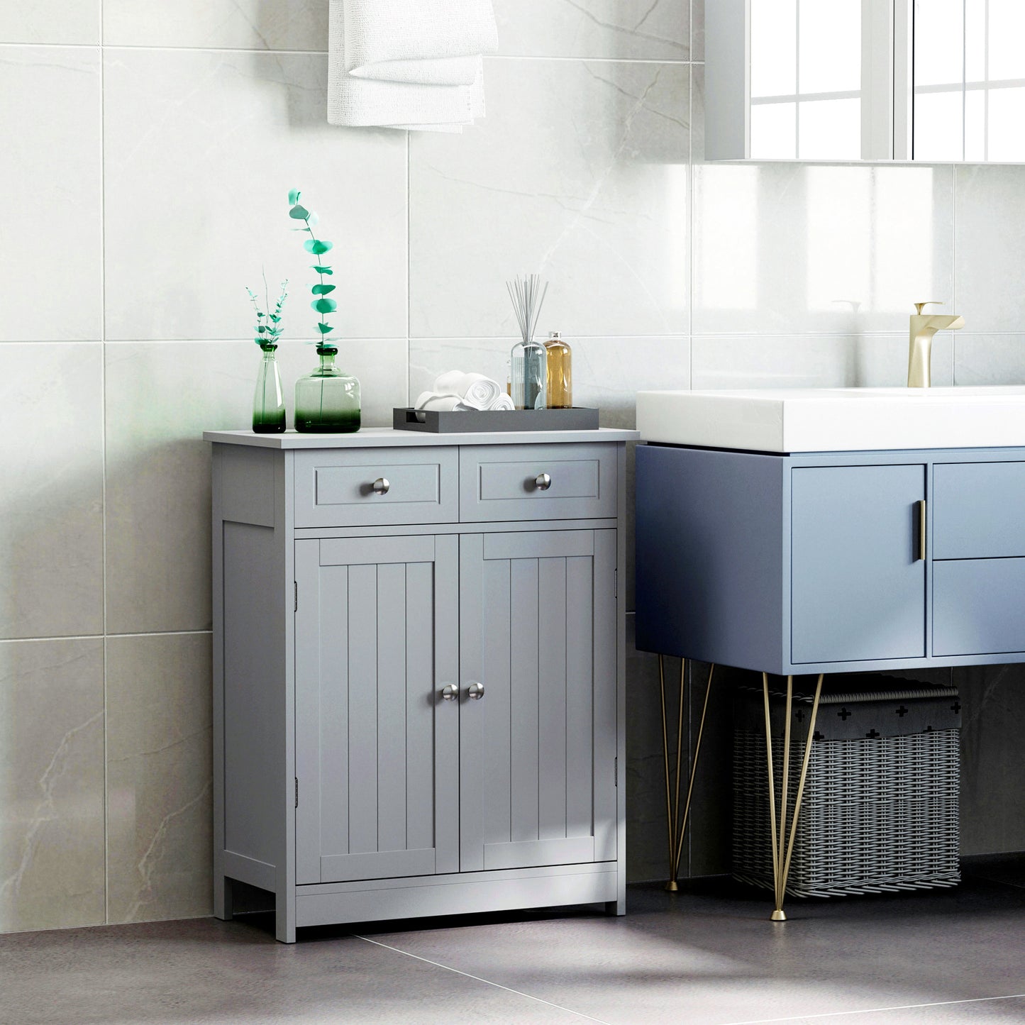 75x60cm Freestanding Bathroom Storage Cabinet Unit w/ 2 Drawers Cupboard Adjustable Shelf Metal Handles Traditional Style Gre