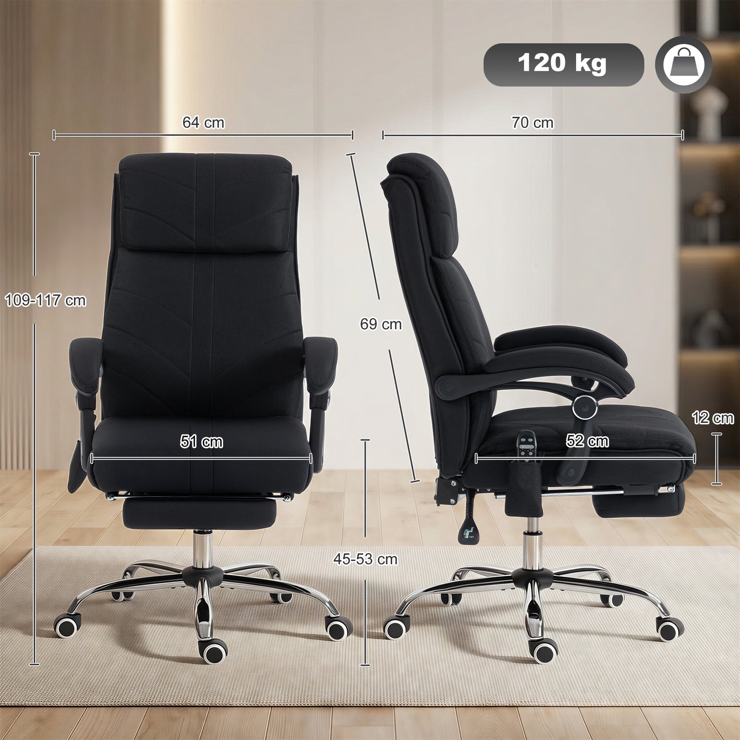 High Back Vibration Massage Office Chair with Footrest, Heated, Black