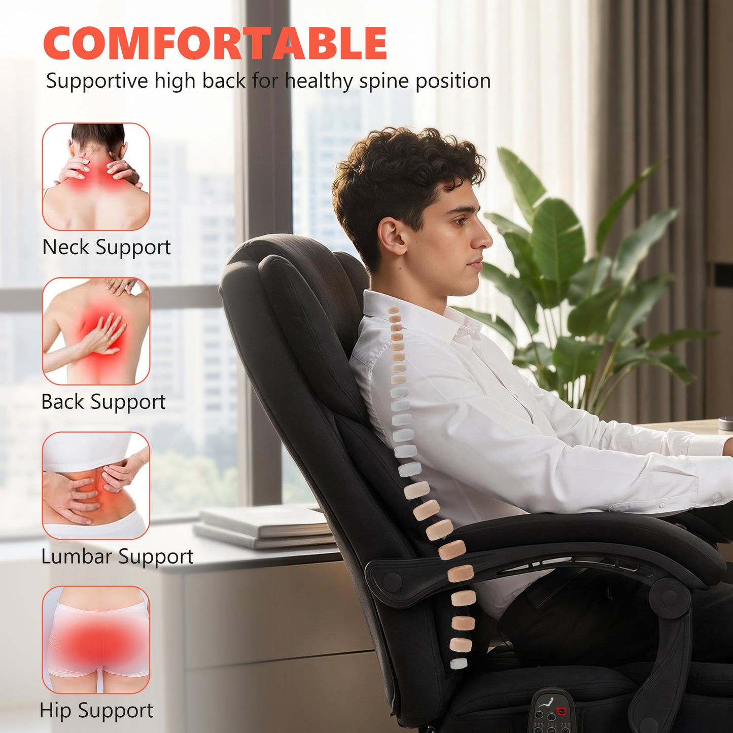 Office Chair with 6-point Vibration Massage and Heat, Fabric Desk Chair with Footrest, High Back, Black